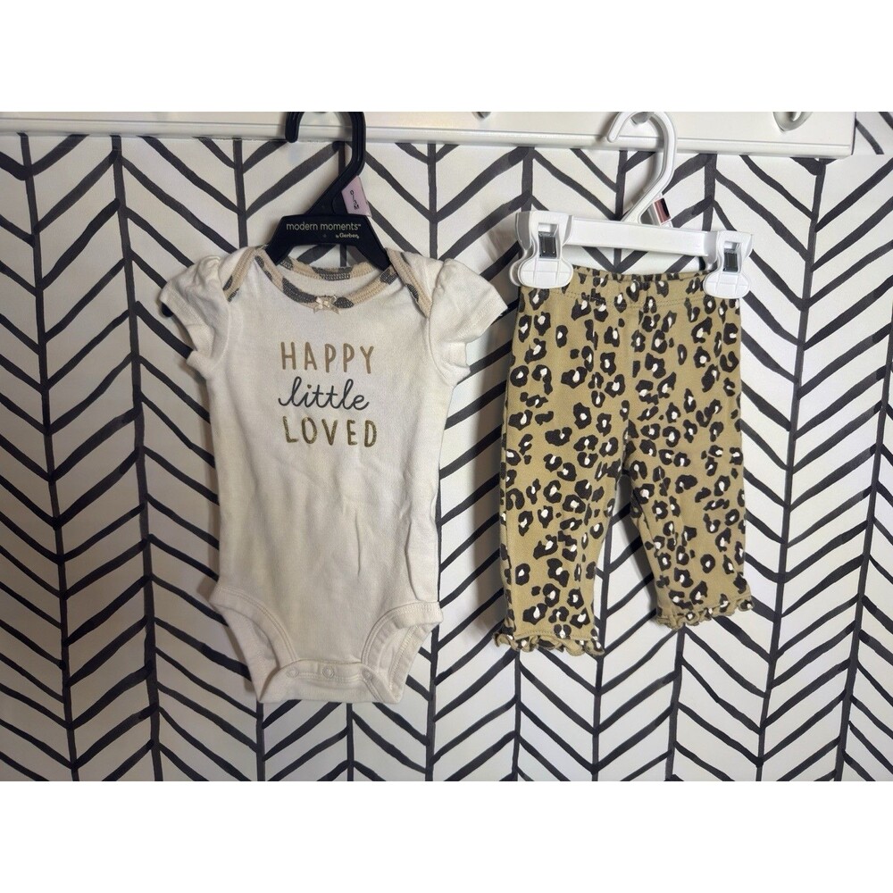 Carter’s White Brown Leopard 2pcs “Happy Little Loved” Baby Girls 0-3M 6035